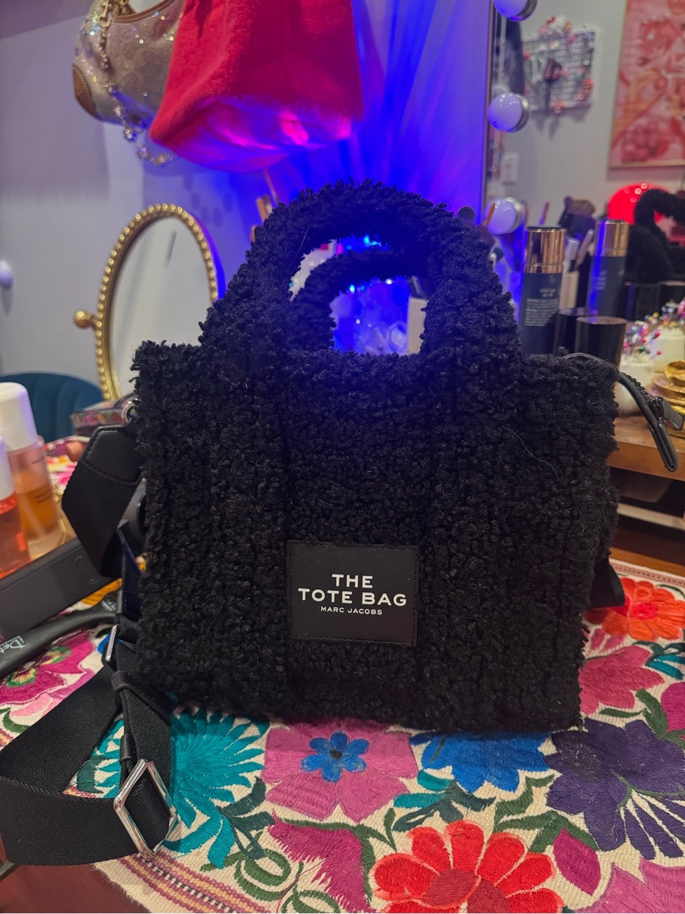 Marc Jacobs Black Shearling Mini Tote with Adjustable Strap
